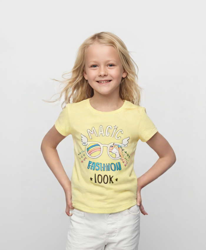 Gözlüklü Baskılı Tropikal Desen Kısa Kollu Kız Çocuk T-shirt - Mor, 3-4 Yaş