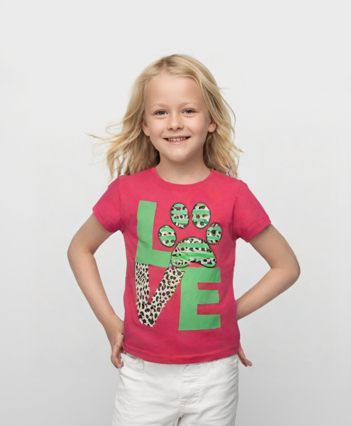 Kız Çocuk Love Desenli T-Shirt - Renk Seçenekleri Mor, Pembe, Mavi - Pamuk Malzeme - Günlük Kullanım - Sevimli Detaylar