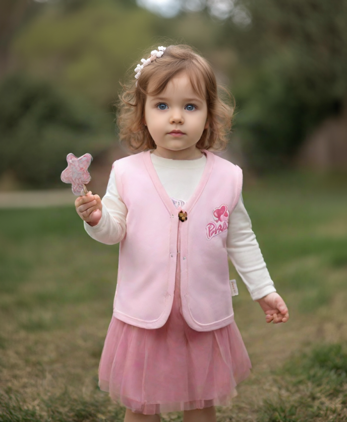 Kız bebek barbie baskılı ahşap düğmeli penye yelek