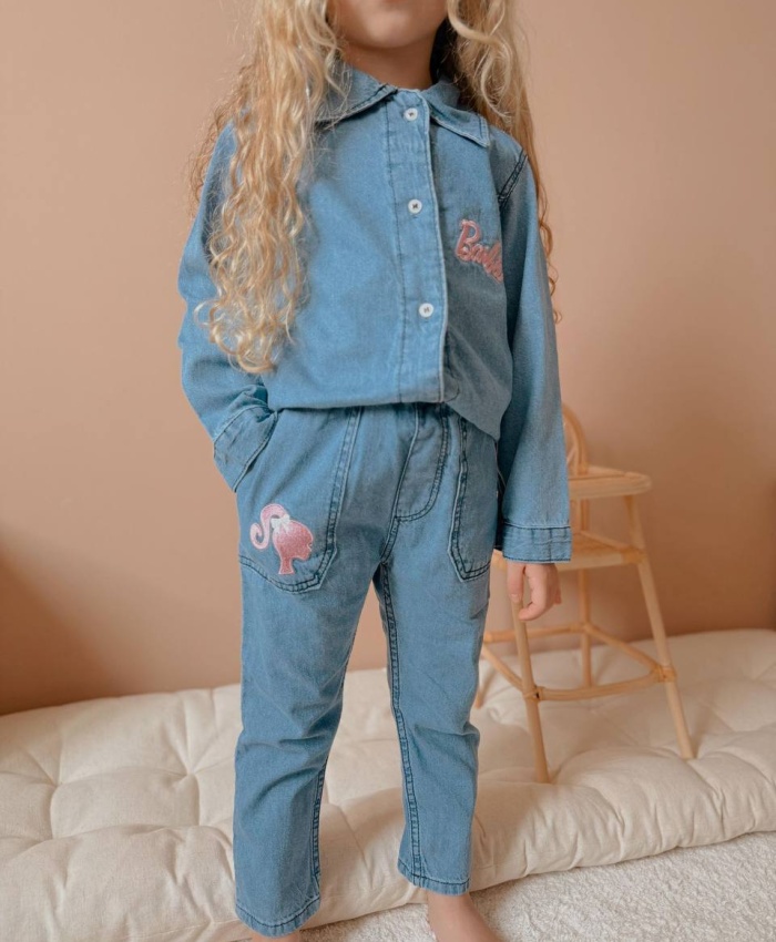 Kız Çocuk barbie nakışlı -kot takım