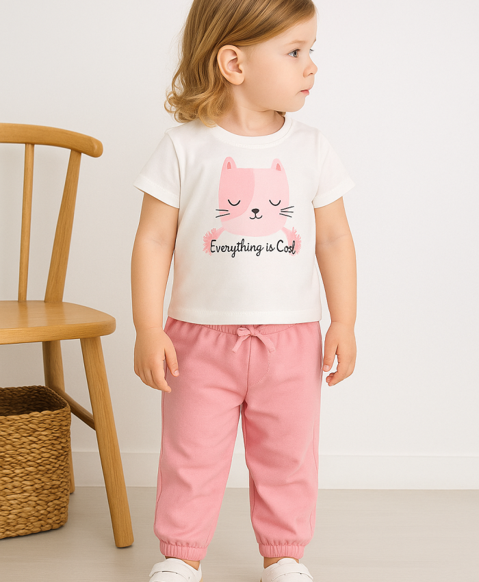 Kız Bebek Kedi Baskılı Keten Pantolonlu Takım