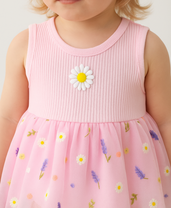 Kız Bebek Çiçek Nakışlı Tüllü Sıfır Kol Pembe Renk Elbise