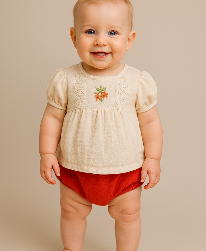 Kız Bebek Krem Renk Ön Kısmı Çiçek Işlemeli Kısa Kollu Şortlu Keten Takım