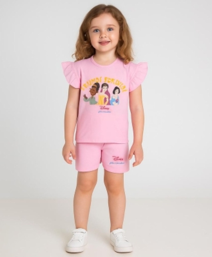 Kız Bebek Friends Forever Yazılı Prenses Baskılı Pembe Renk Kısa Kollu Şortlu Takım
