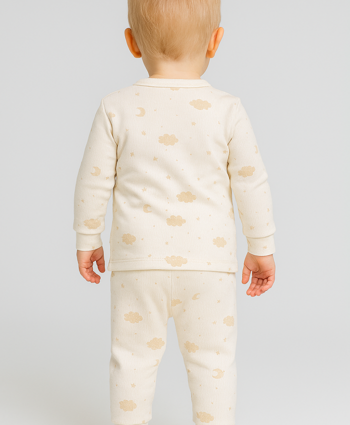 Erkek Bebek Önden Çıtçıt Detaylı Bulut Ve Ay Baskılı Uzun Kollu Pijama Takımı