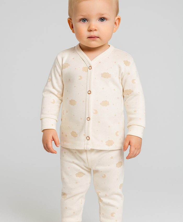 Erkek Bebek Önden Çıtçıt Detaylı Bulut Ve Ay Baskılı Uzun Kollu Pijama Takımı
