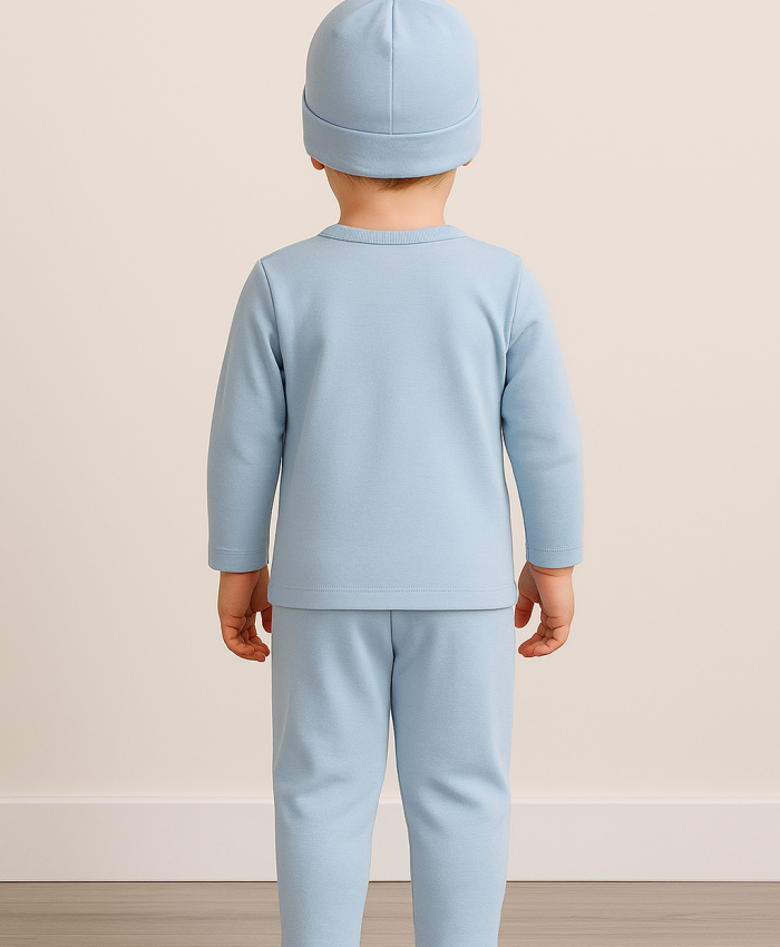 Erkek Bebek Şapkalı Kendinden Eldivenli Ayaklı 3 Parça Zıbın Seti