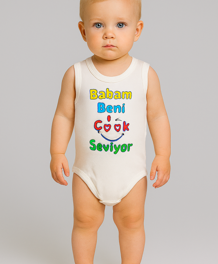 Unisex Babam Beni Çok Seviyor Yazılı Sıfır Kollu Çıtçıtlı Bady