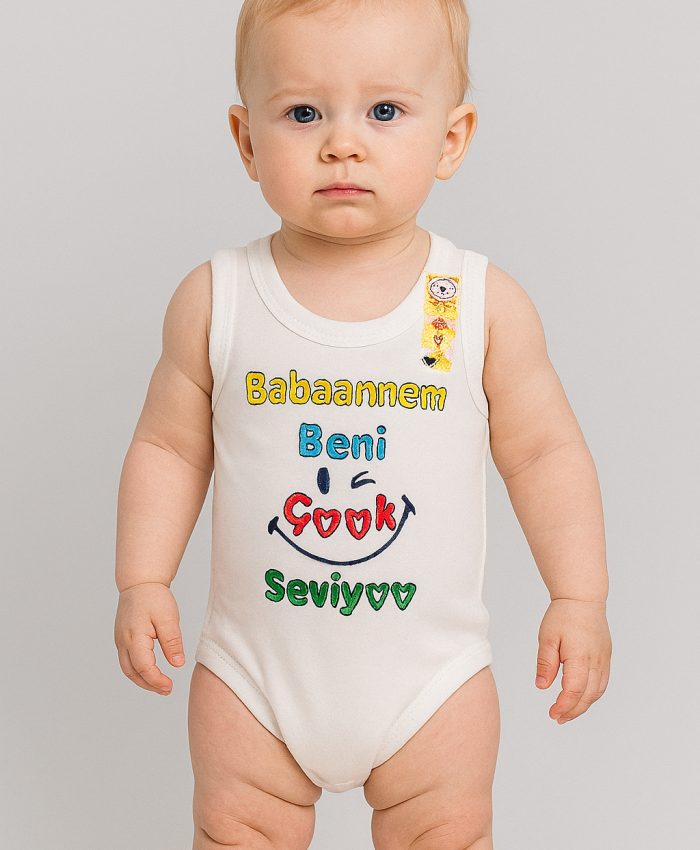 Unisex Babannem Beni Çok Seviyor Yazılı Sıfır Kollu Çıtçıtlı Bady
