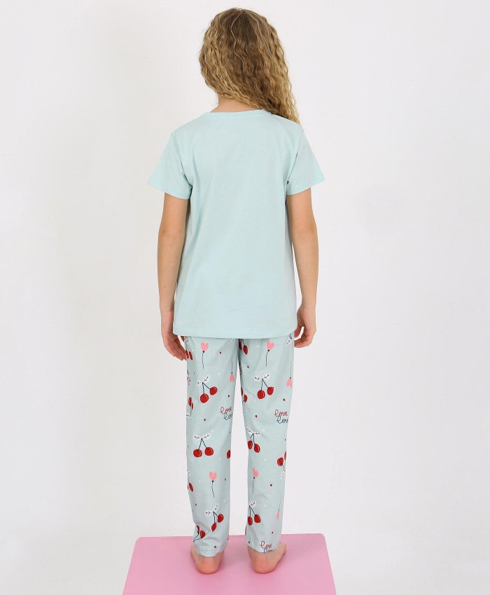 Kız Çocuk You Are The Yazılı Kiraz Baskılı Kısa Kollu Su Yeşili Pijama Takımı