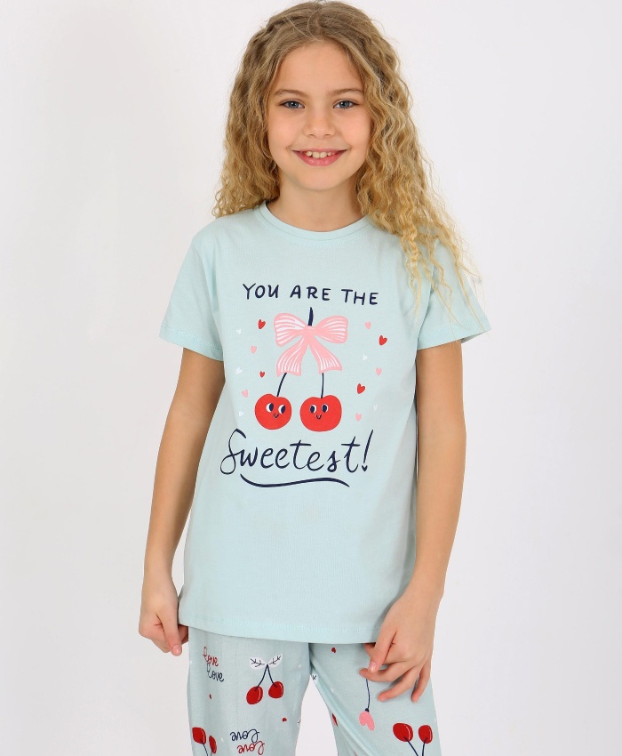 Kız Çocuk You Are The Yazılı Kiraz Baskılı Kısa Kollu Su Yeşili Pijama Takımı