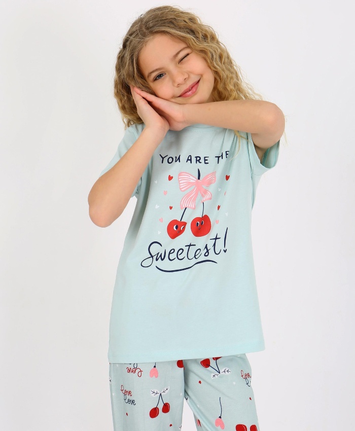 Kız Çocuk You Are The Yazılı Kiraz Baskılı Kısa Kollu Su Yeşili Pijama Takımı