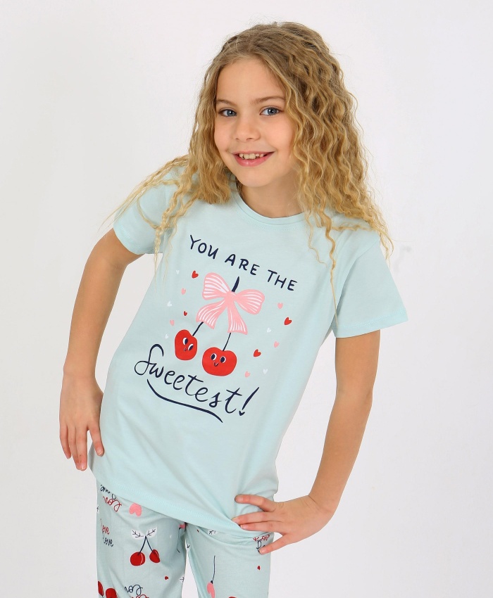 Kız Çocuk You Are The Yazılı Kiraz Baskılı Kısa Kollu Su Yeşili Pijama Takımı