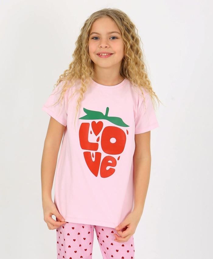 Kız Çocuk Love Baskılı Kalpli Kısakollu Pembe Renk Pijama Takımı