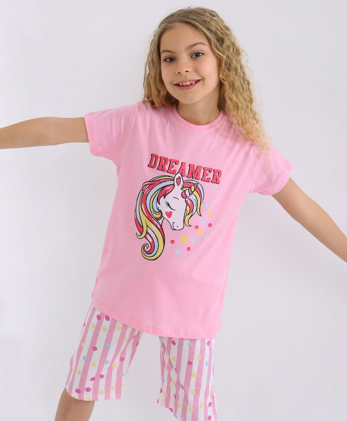 Kız Çocuk Unicorn Baskılı Dreamer Yazılı Lısa Kollu Kaprili Pijama Takımı