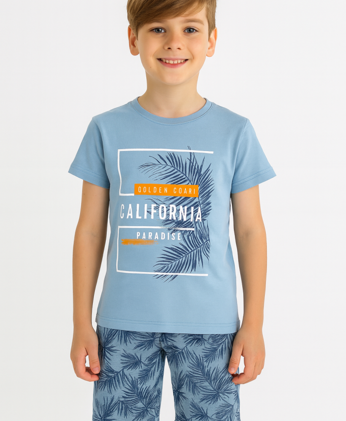 Erkek Çocuk Calıfornıa Paradise Yazılı Palmiye Baskılı Kısa Kollukaprili Pijama Takımı