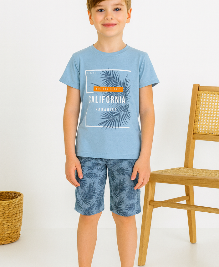 Erkek Çocuk Calıfornıa Paradise Yazılı Palmiye Baskılı Kısa Kollukaprili Pijama Takımı