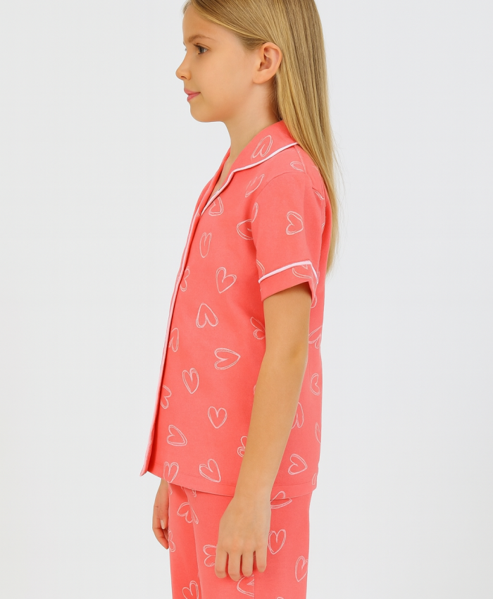 Kız Çocuk Kalp Baskılı Önden Düğmeli Kısa Kollu Pamuklu Pijama Takımı
