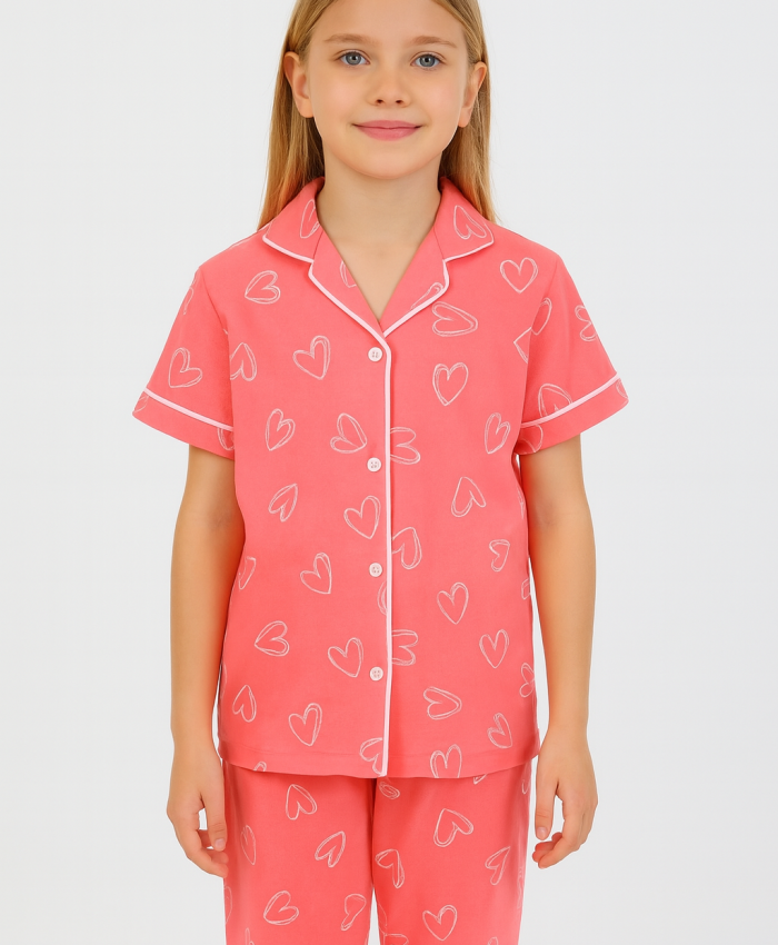 Kız Çocuk Kalp Baskılı Önden Düğmeli Kısa Kollu Pamuklu Pijama Takımı