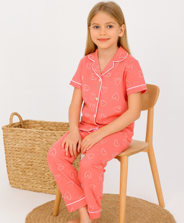 Kız Çocuk Kalp Baskılı Önden Düğmeli Kısa Kollu Pamuklu Pijama Takımı
