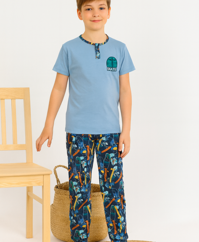 Erkek Çocuk Skate Yazılı Kısa Kollu Pamuklu Mavi Renk Pijama Takımı