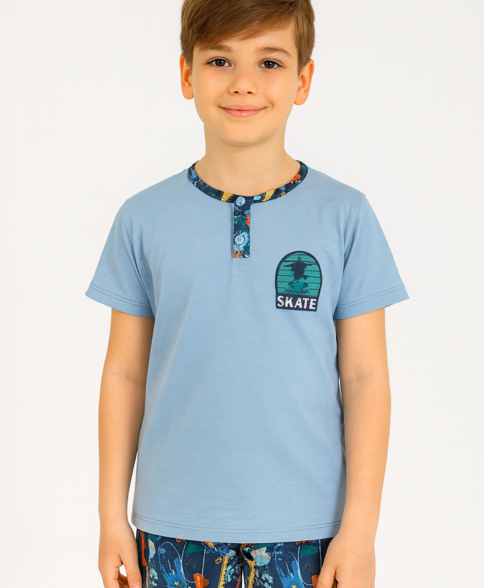 Erkek Çocuk Skate Yazılı Kısa Kollu Pamuklu Mavi Renk Pijama Takımı