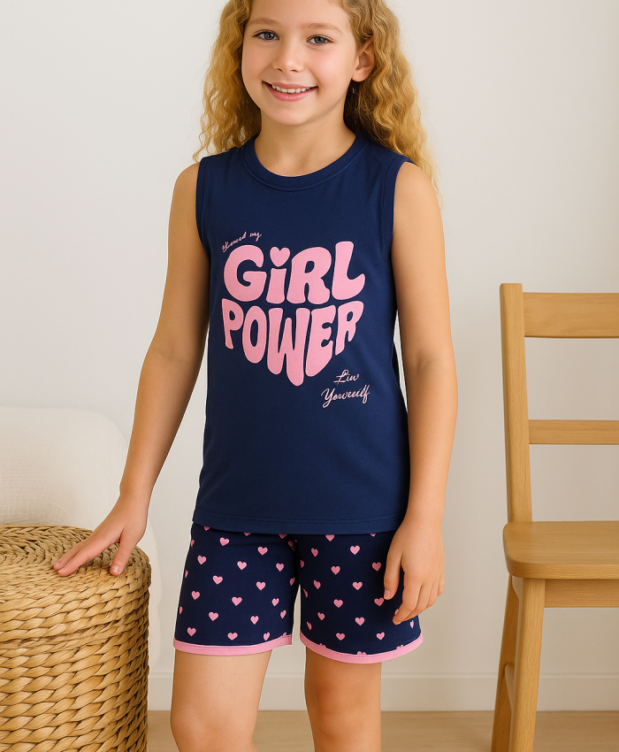 Kız Çocuk Girl Power Baskılı Askılı Kollu Şortlu Pijama Takımı