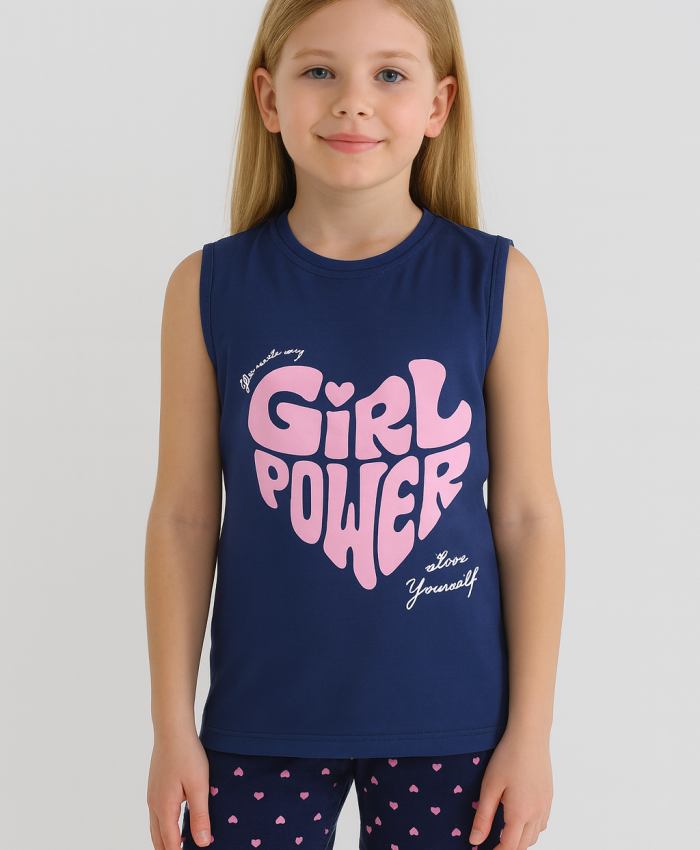 Kız Çocuk Girl Power Baskılı Askılı Kollu Şortlu Pijama Takımı