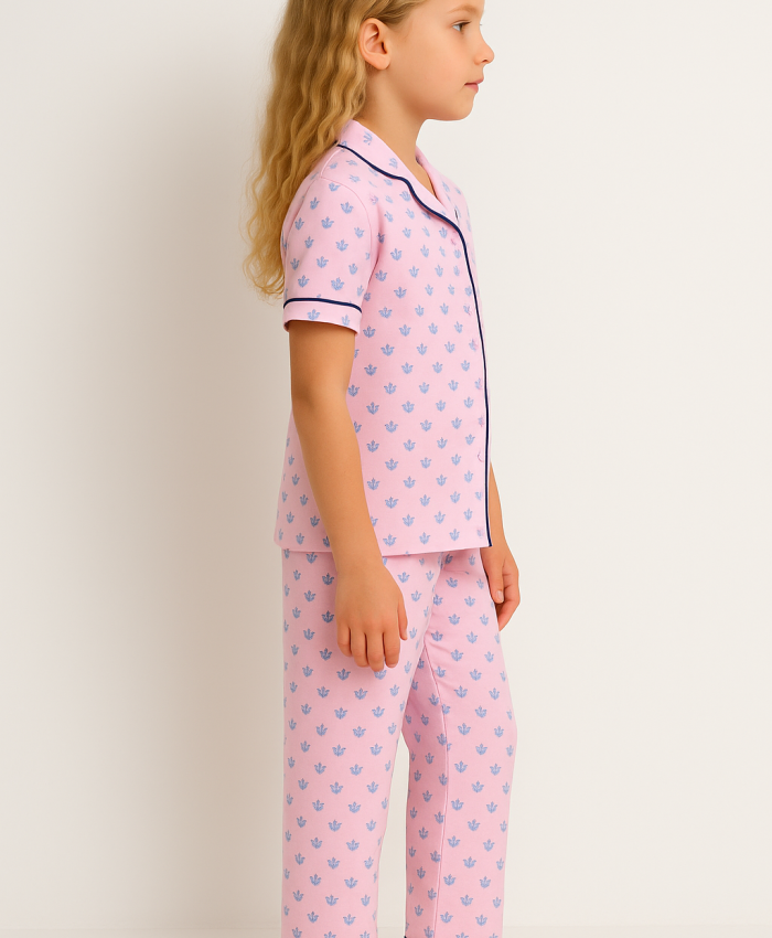 Kız Çocuk Önden Düğmeli Kısa Kollu Çiçek Baskılı Pembe Renk Pijama Takımı