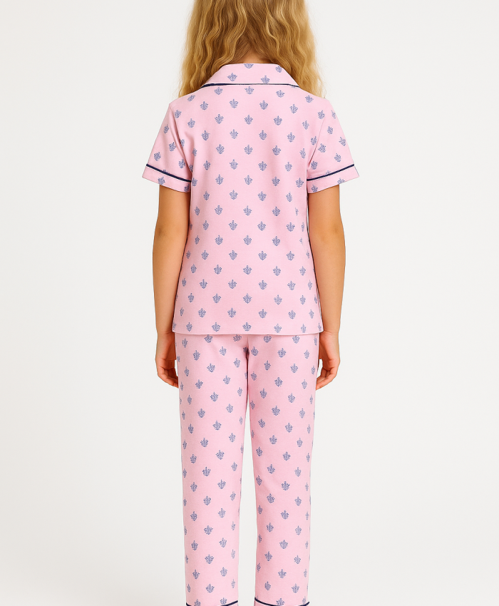 Kız Çocuk Önden Düğmeli Kısa Kollu Çiçek Baskılı Pembe Renk Pijama Takımı
