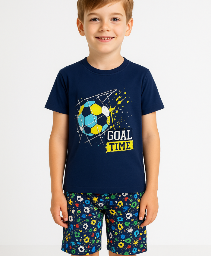 Erkek Çocuk Goal Time Yazılı Top Baskılı Kısa Kollu Kaprili Pijama Takımı