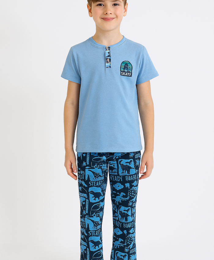 Erkek Çocuk Skate Yazılı Kısa Kollu Pamuklu Mavi Renk Pijama Takımı