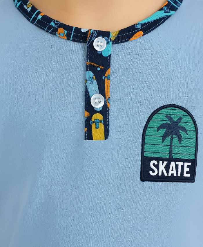 Erkek Çocuk Skate Yazılı Kısa Kollu Pamuklu Mavi Renk Pijama Takımı