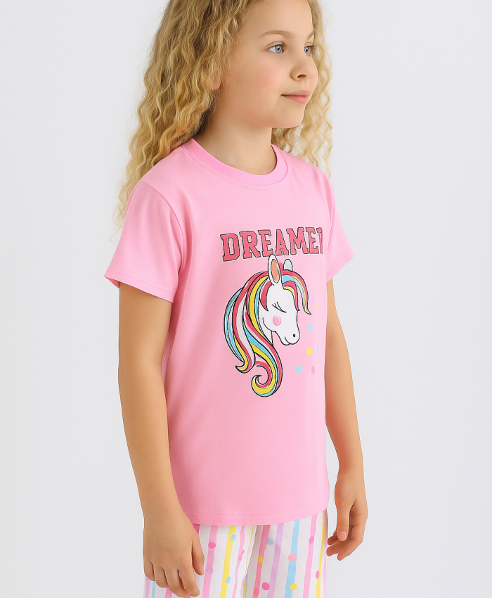 Kız Çocuk Unicorn Baskılı Dreamer Yazılı Lısa Kollu Kaprili Pijama Takımı