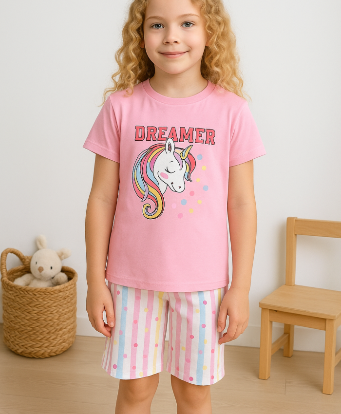 Kız Çocuk Unicorn Baskılı Dreamer Yazılı Lısa Kollu Kaprili Pijama Takımı