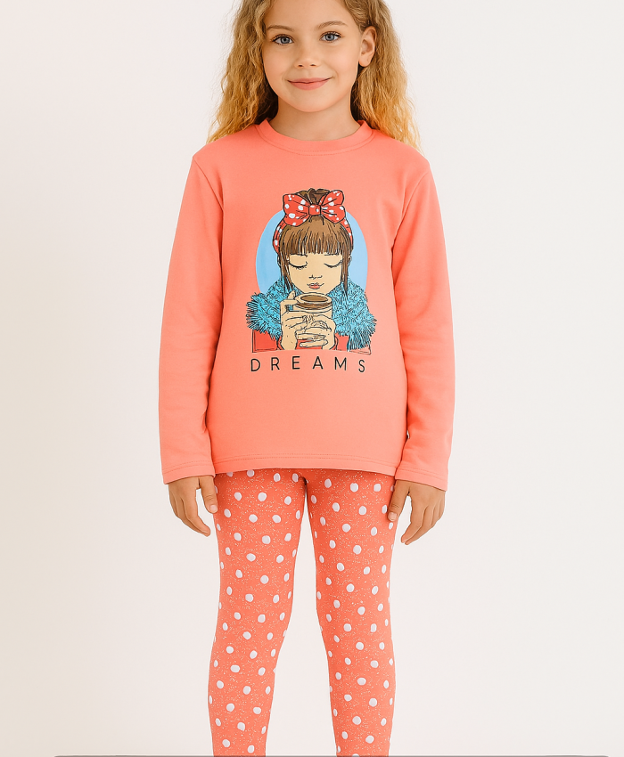 Kız Çocuk Let Your Dreams Baskılı Puantiyeli Somon Renk Pijama Tk.