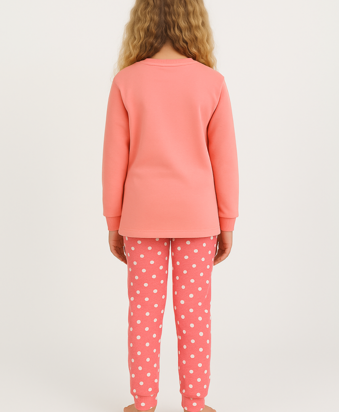 Kız Çocuk Let Your Dreams Baskılı Puantiyeli Somon Renk Pijama Tk.