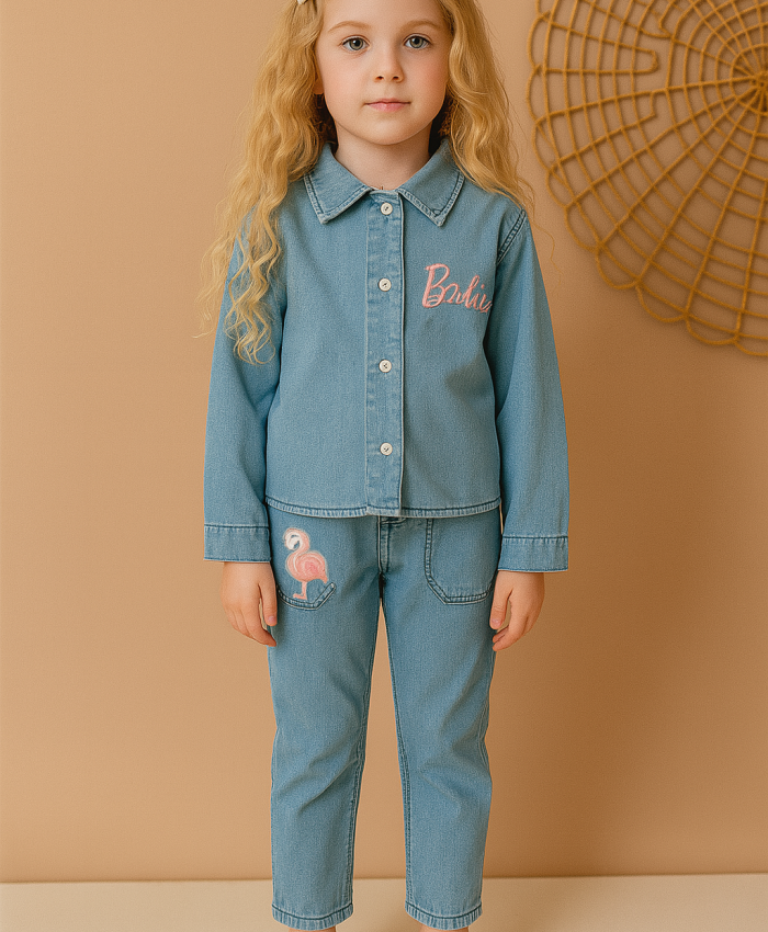 Kız Çocuk Barbie Nakışlı - Kot Takım