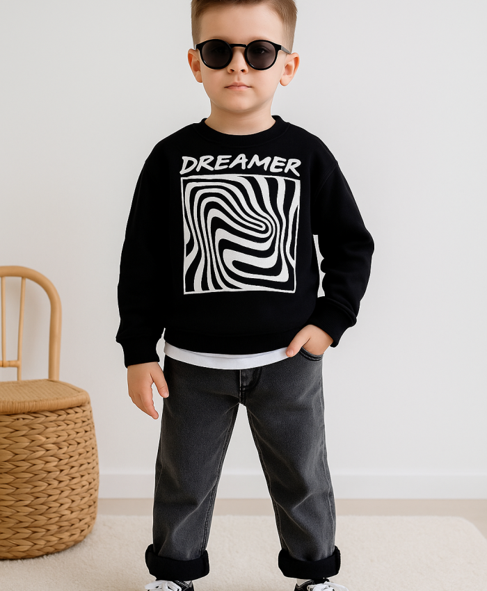 Erkek Çocuk Dreamer Yazılı - Siyah Renk - Uzun Kollu - Sweat - Kot Pantolonlu Takım