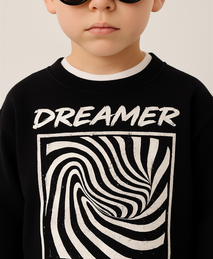 Erkek Çocuk Dreamer Yazılı - Siyah Renk - Uzun Kollu - Sweat - Kot Pantolonlu Takım