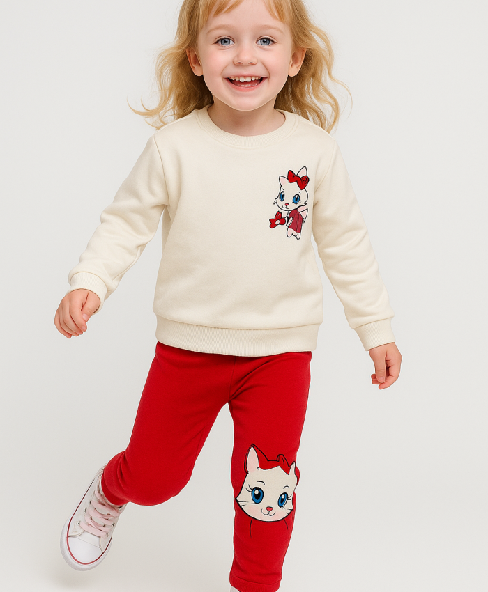 Kız Bebek Kedi Baskılı - Fitilli Taytlı - Beyaz Renk - Uzun Kollu 2li Takım