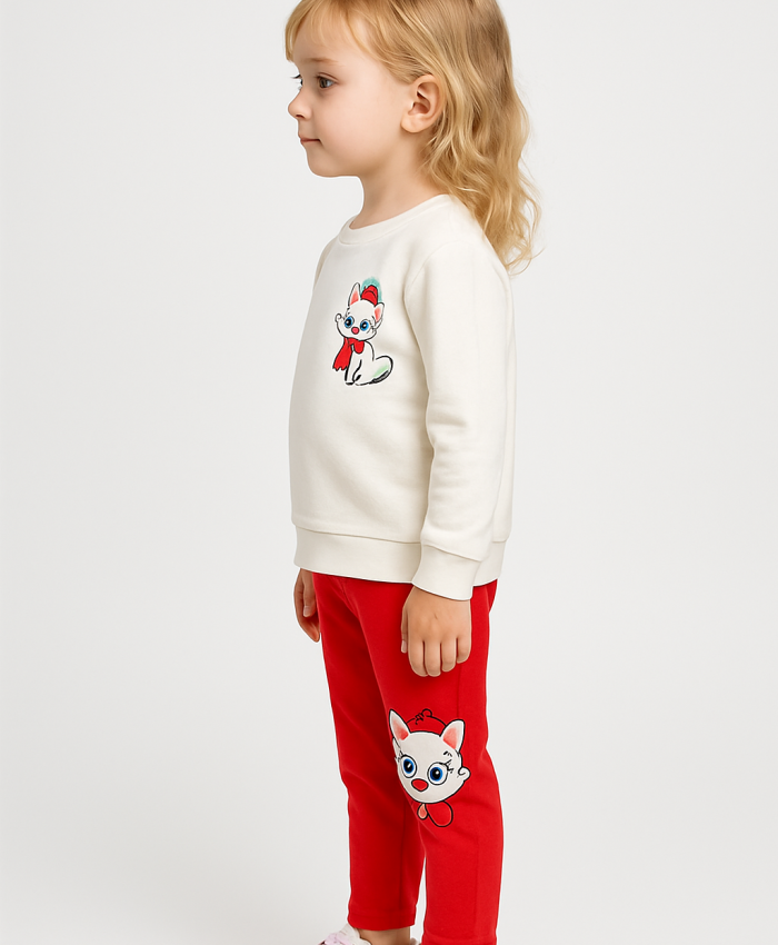 Kız Bebek Kedi Baskılı - Fitilli Taytlı - Beyaz Renk - Uzun Kollu 2li Takım