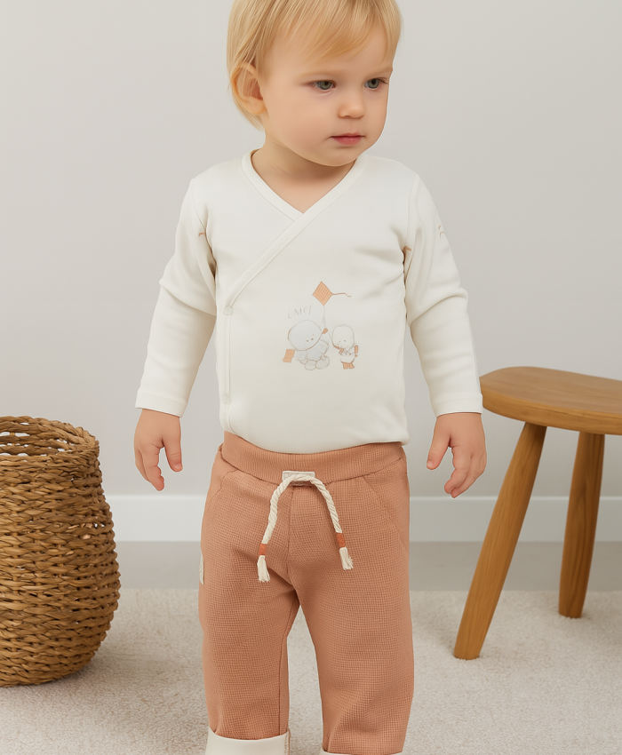 Unisex Waffle Kumaş Bel Kısmı Lastikli Bağcık Detaylı Uzun Paçalı Alt Pantolon