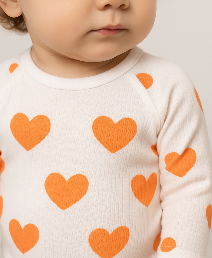 Kız Bebek Kalp Baskılı Uzun Kollu Pamuklu Çıtçıtlı Bady