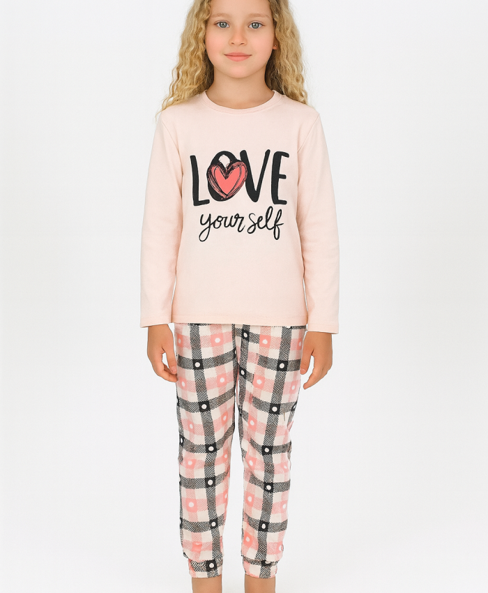 Kız Çocuk Love Baskılı Uzun Kollu Pamuklu Pijama Takımı - 6 - 15 Yaş