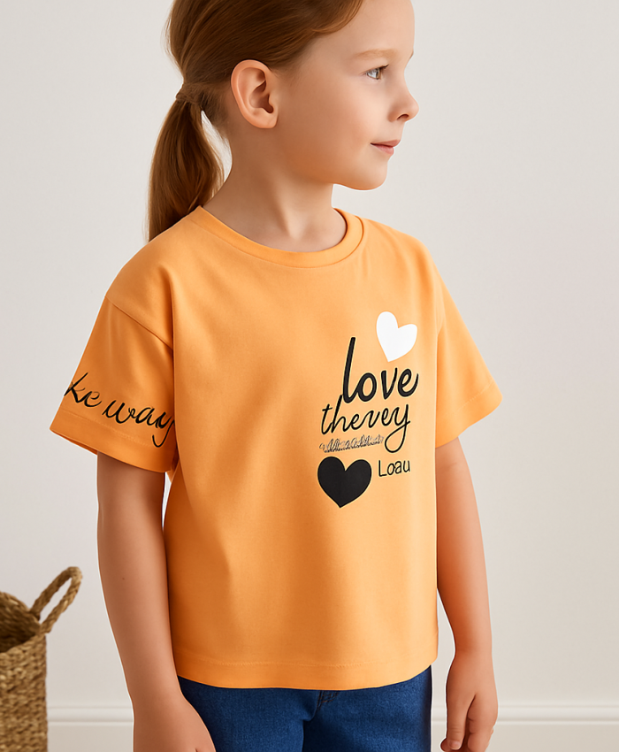 Kız Çocuk Love The Way Yazılı Turuncu Renk Tişört