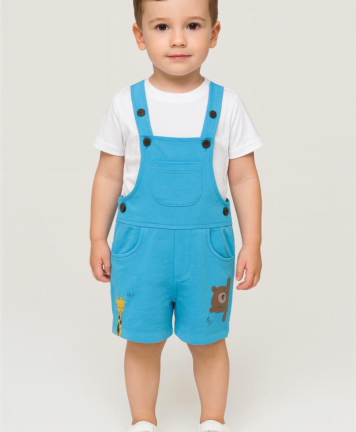 Erkek Bebek Zürafa - Ayıcık Baskılı Şort Salopet - Cepli - Mavi Renk - 18 - 36 Ay