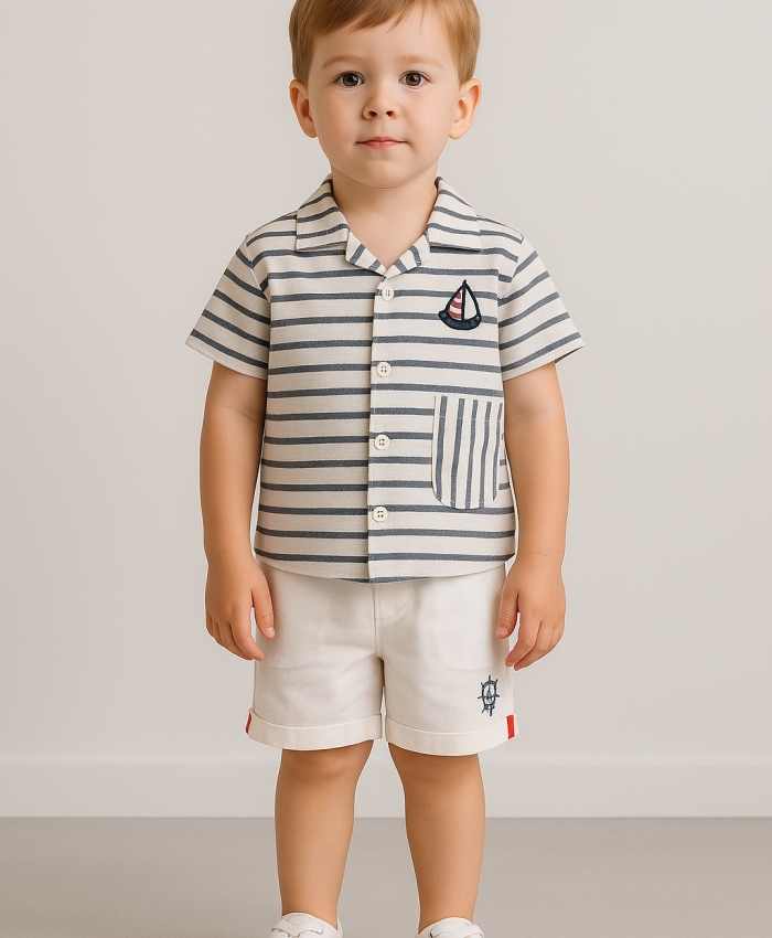 Erkek Çocuk Gemi Nakışlı Çizgili Gömlek Şort2li Takım - Keten - Şortlu - Lastikli - Mavi - Beyaz