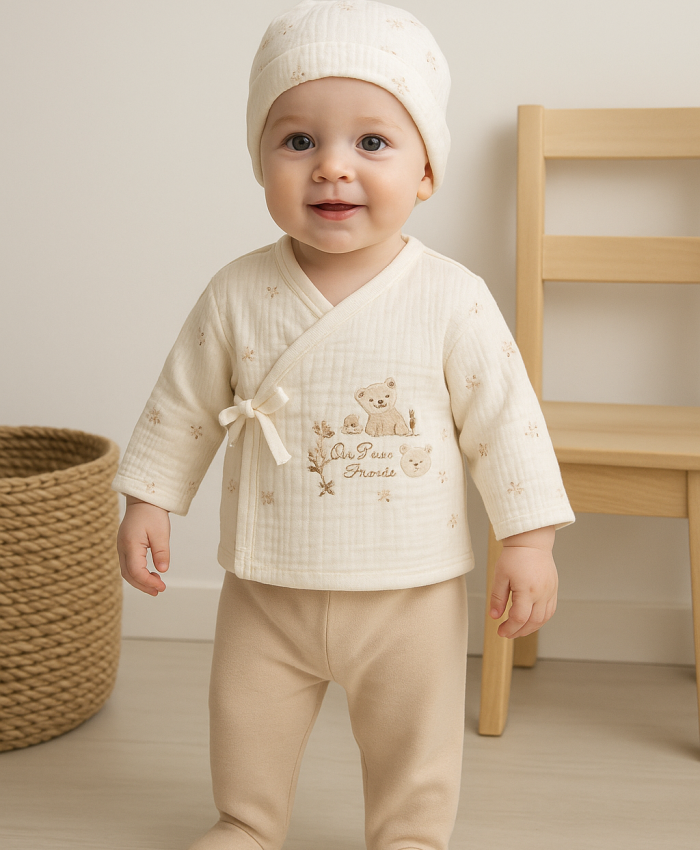 Kız Bebek Yandan Çıtçıt Detaylı 3lü Bej Zıbın Seti - Müslin Kumaş - Organik - 3 - 9 Ay -
