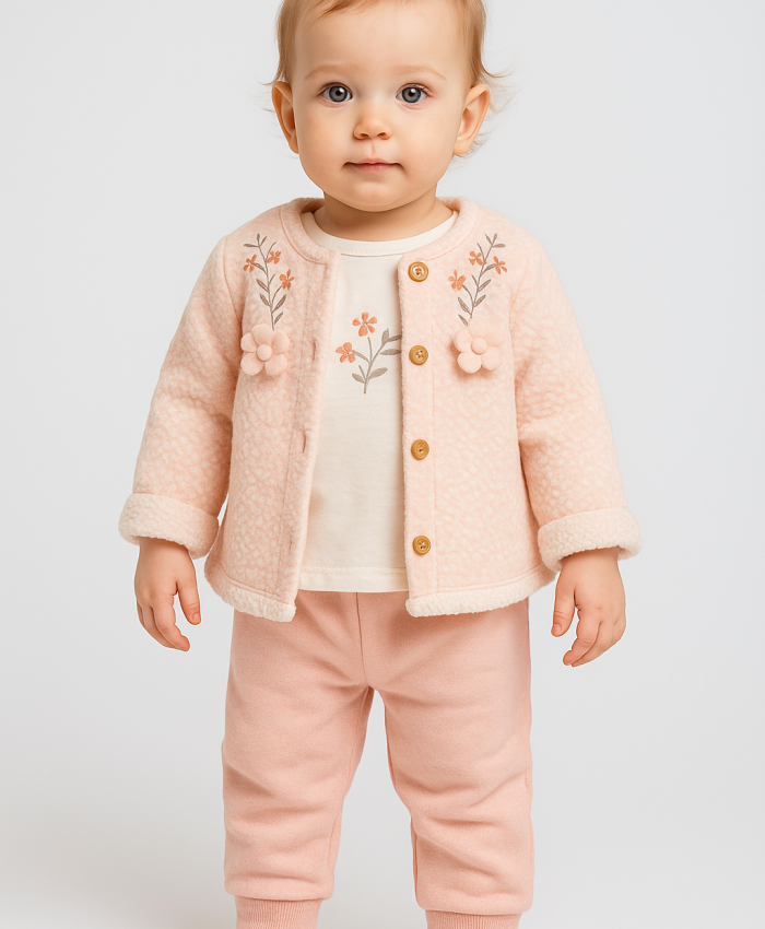 Kız Bebek çiçek nakışlı welsoft ceketli 3lü takım